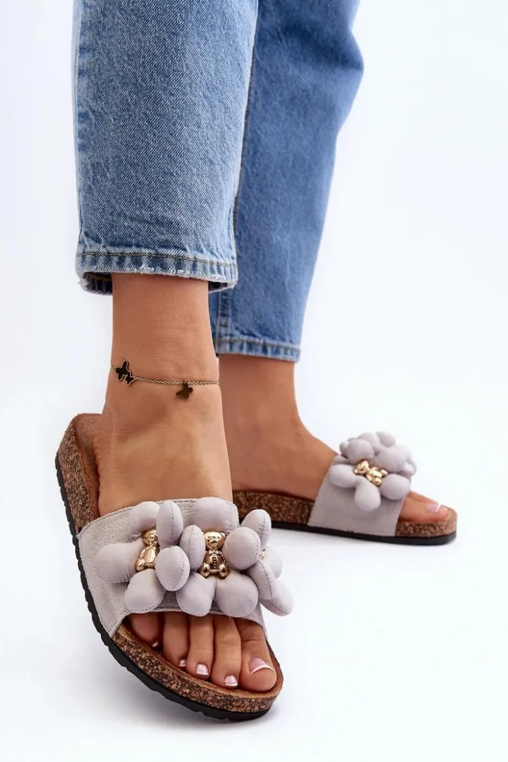 Outlet Boto Klapki Damskie Z Ozdobami Szare Bunlia Szary