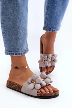 Outlet Boto Klapki Damskie Z Ozdobami Szare Bunlia Szary