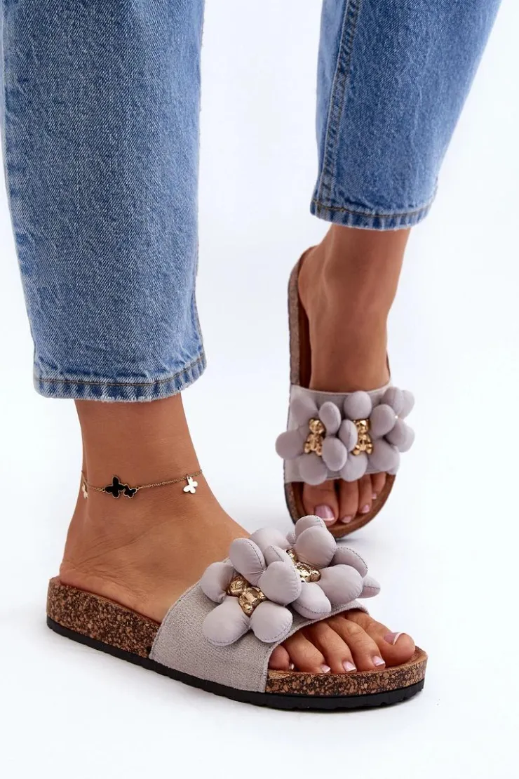 Outlet Boto Klapki Damskie Z Ozdobami Szare Bunlia Szary