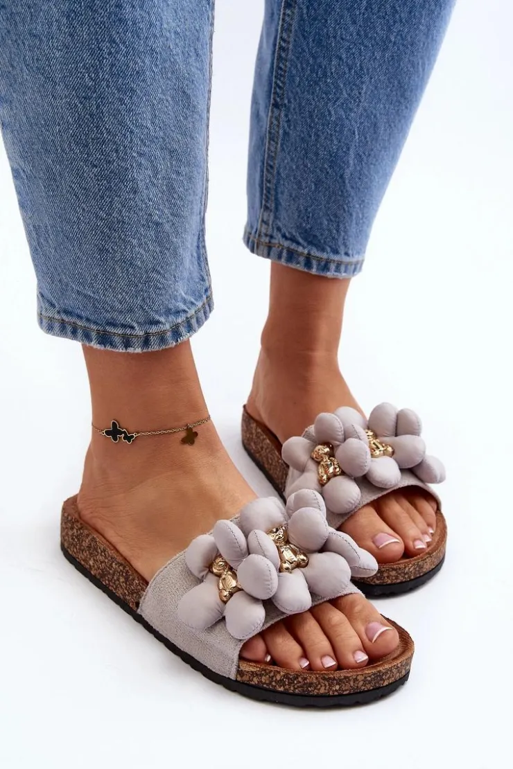 Outlet Boto Klapki Damskie Z Ozdobami Szare Bunlia Szary