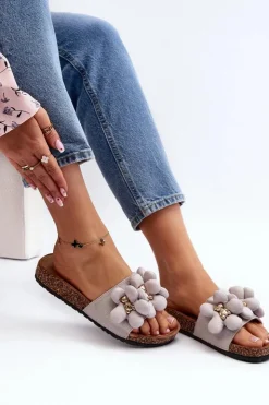 Outlet Boto Klapki Damskie Z Ozdobami Szare Bunlia Szary