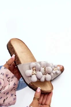 Outlet Boto Klapki Damskie Z Ozdobami Szare Bunlia Szary