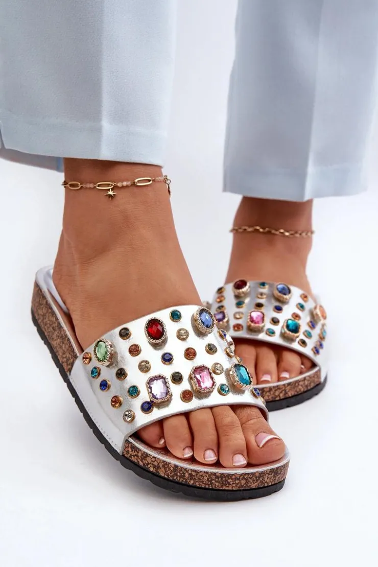 Hot Damskie buty S.Barski Klapki Damskie Z Ozdobami S.Barski MY122 Srebrne