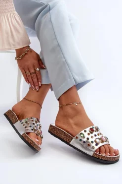 Hot Damskie buty S.Barski Klapki Damskie Z Ozdobami S.Barski MY122 Srebrne