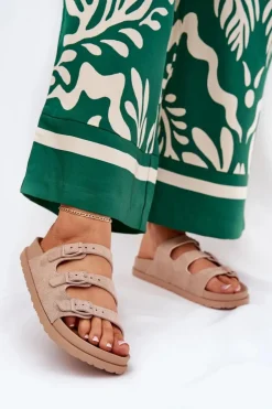 Outlet Boto Klapki Damskie Z Paskami I Klamrami Beżowe Uliri Beżowy