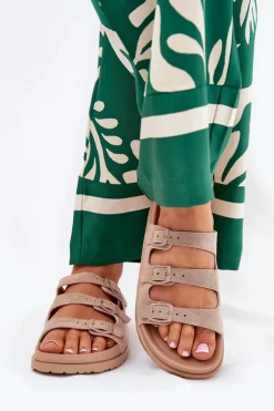 Outlet Boto Klapki Damskie Z Paskami I Klamrami Beżowe Uliri Beżowy