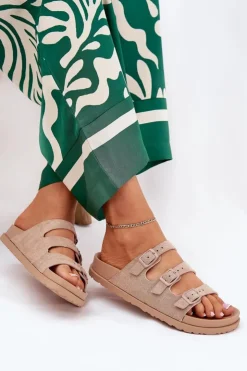 Outlet Boto Klapki Damskie Z Paskami I Klamrami Beżowe Uliri Beżowy