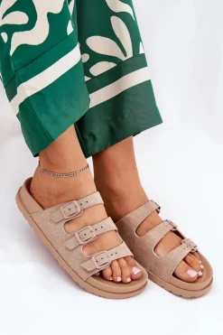 Outlet Boto Klapki Damskie Z Paskami I Klamrami Beżowe Uliri Beżowy