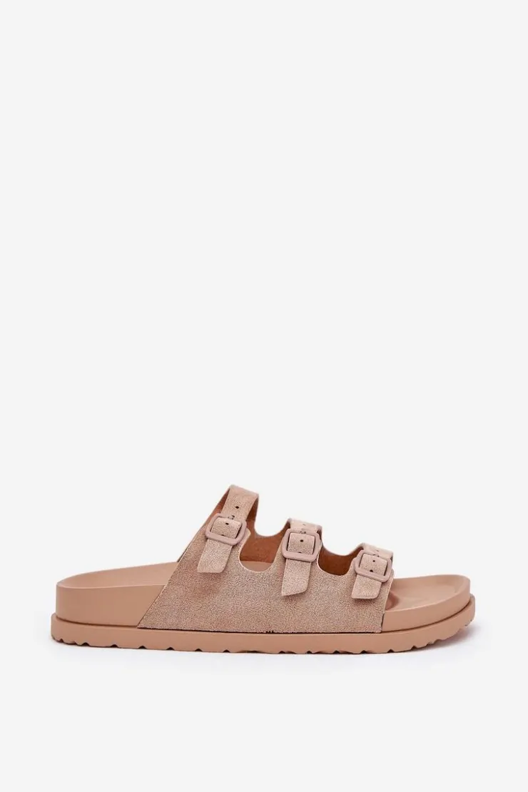 Outlet Boto Klapki Damskie Z Paskami I Klamrami Beżowe Uliri Beżowy