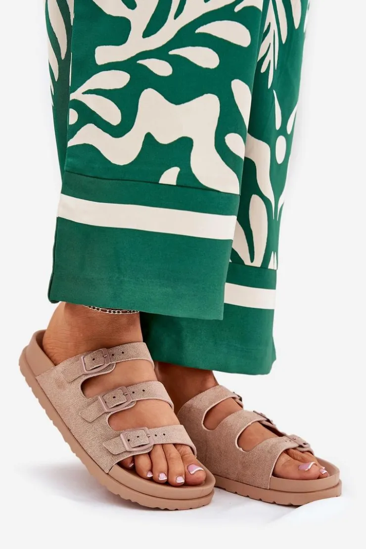 Outlet Boto Klapki Damskie Z Paskami I Klamrami Beżowe Uliri Beżowy