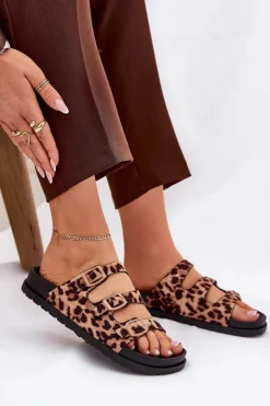 Damskie Boto Klapki Damskie Z Paskami I Klamrami W Panterkę Brązowe Uliri