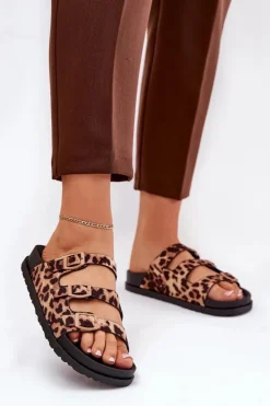 Damskie Boto Klapki Damskie Z Paskami I Klamrami W Panterkę Brązowe Uliri