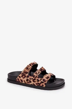 Damskie Boto Klapki Damskie Z Paskami I Klamrami W Panterkę Brązowe Uliri