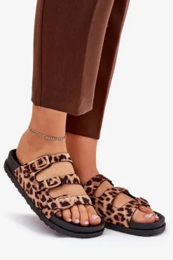 Damskie Boto Klapki Damskie Z Paskami I Klamrami W Panterkę Brązowe Uliri