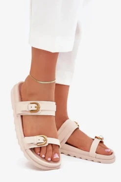 New Boto Klapki Damskie Z Paskami I Złotymi Klamrami Jasnobeżowe Selana