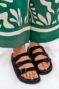 Damskie Boto Klapki Damskie Z Paskami I Klamrami Czarne Uliri