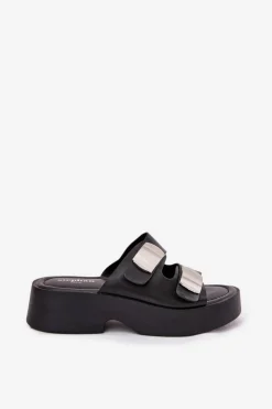 Boto Klapki Na Platformie|Klapki Damskie Klasyczne*Klapki Damskie Z Paskami Eko Skórzane Czarne Falenisse