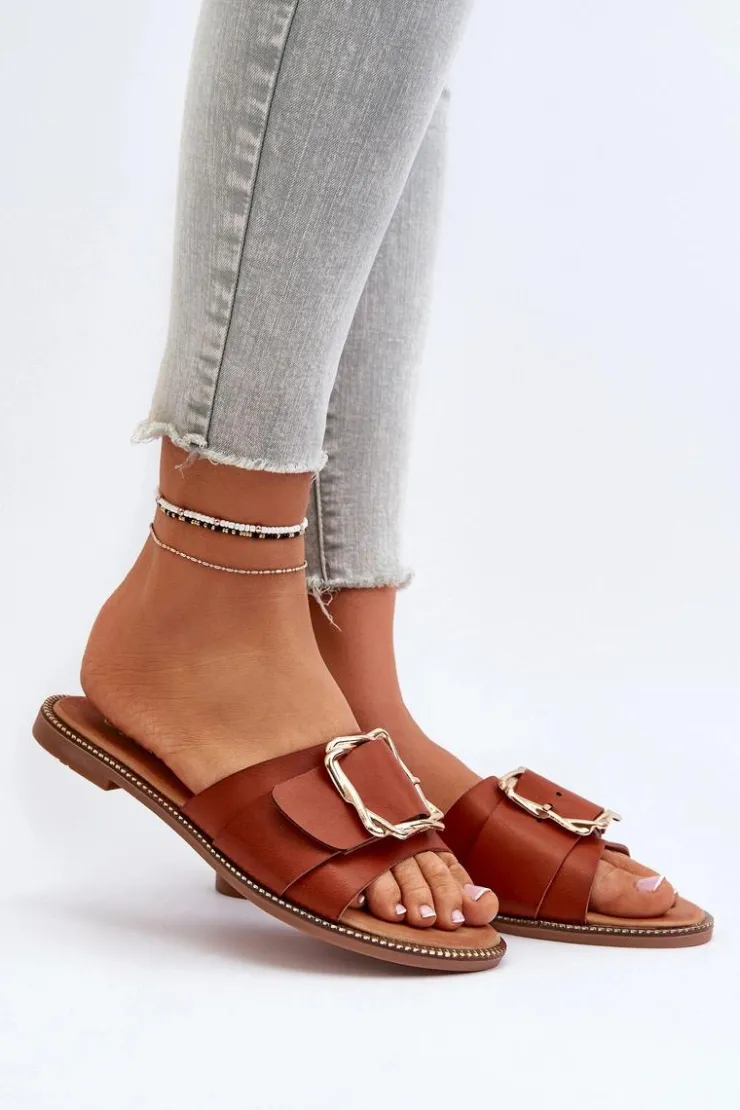 Sale Boto Klapki Damskie Z Paskiem I Klamrą Camel Opahiri