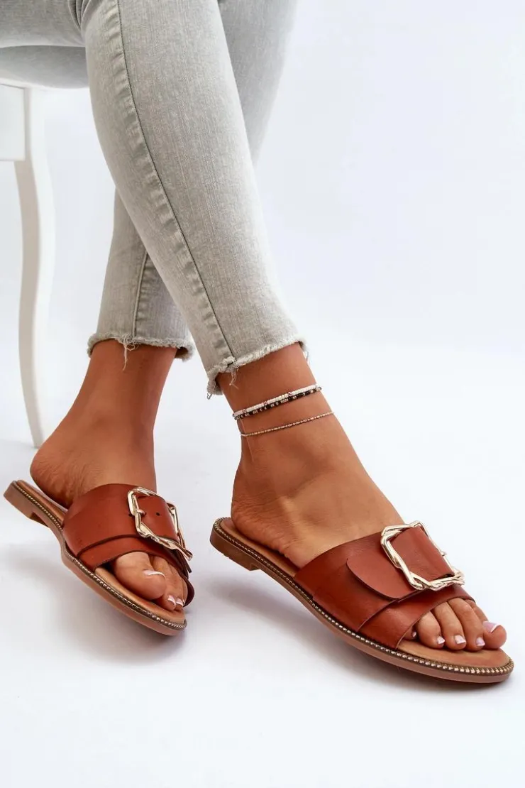 Sale Boto Klapki Damskie Z Paskiem I Klamrą Camel Opahiri