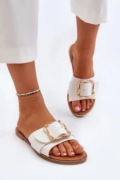 Discount Boto Klapki Damskie Z Paskiem I Klamrą Białe Opahiri