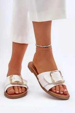 Discount Boto Klapki Damskie Z Paskiem I Klamrą Białe Opahiri