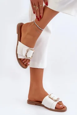 Discount Boto Klapki Damskie Z Paskiem I Klamrą Białe Opahiri