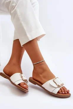 Discount Boto Klapki Damskie Z Paskiem I Klamrą Białe Opahiri