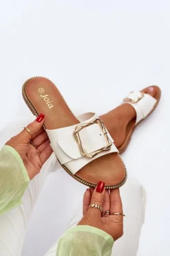 Discount Boto Klapki Damskie Z Paskiem I Klamrą Białe Opahiri