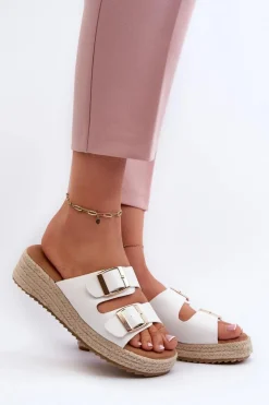 Clearance Boto Klapki Damskie Z Plecionką Eko Skórzane Białe Zaloemi Biały