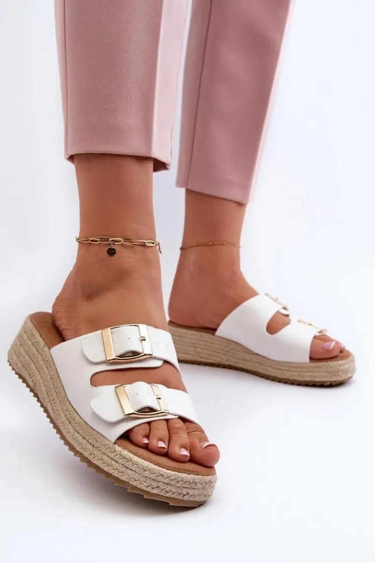 Clearance Boto Klapki Damskie Z Plecionką Eko Skórzane Białe Zaloemi Biały