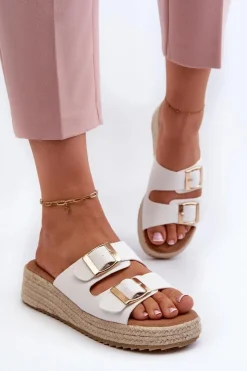 Clearance Boto Klapki Damskie Z Plecionką Eko Skórzane Białe Zaloemi Biały