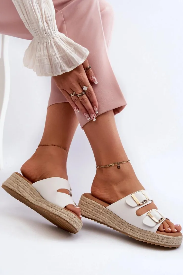 Clearance Boto Klapki Damskie Z Plecionką Eko Skórzane Białe Zaloemi Biały