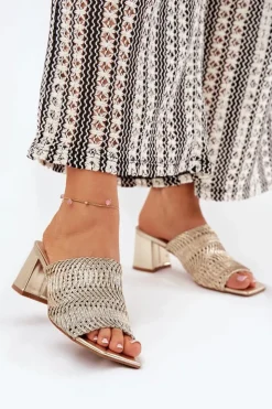 Damskie Boto Klapki Damskie Z Plecionką Na Obcasie Złote Ciariloria