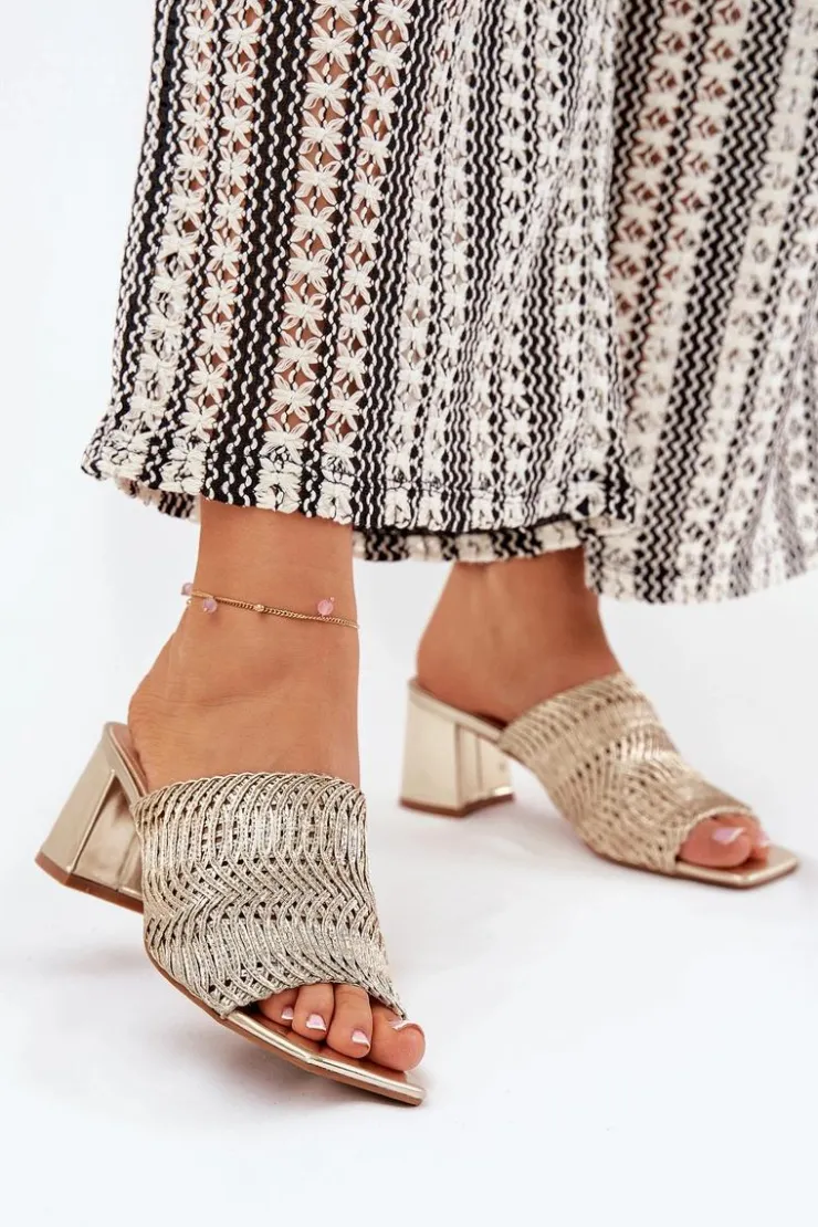 Damskie Boto Klapki Damskie Z Plecionką Na Obcasie Złote Ciariloria