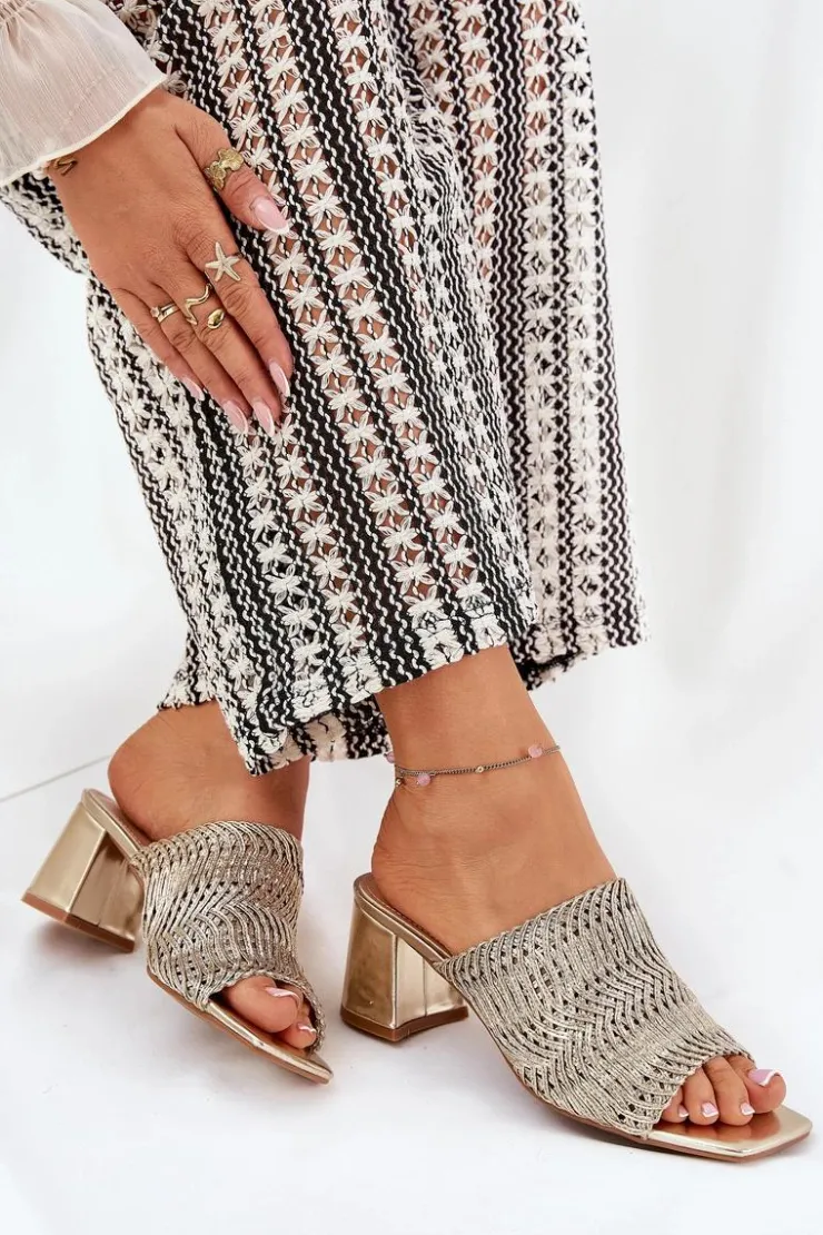 Damskie Boto Klapki Damskie Z Plecionką Na Obcasie Złote Ciariloria