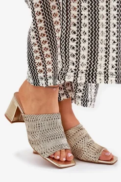 Damskie Boto Klapki Damskie Z Plecionką Na Obcasie Złote Ciariloria