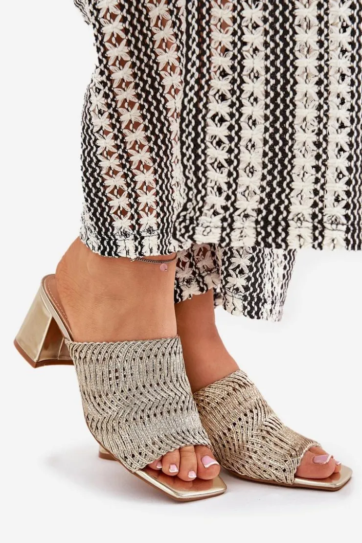 Damskie Boto Klapki Damskie Z Plecionką Na Obcasie Złote Ciariloria