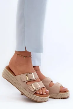 Damskie Boto Klapki Damskie Z Plecionką Eko Zamszowe Beżowe Zaloemi