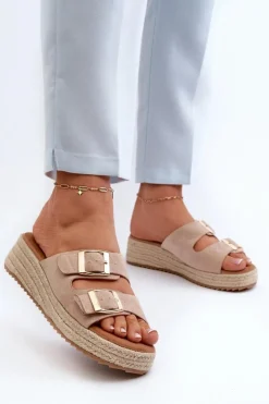 Damskie Boto Klapki Damskie Z Plecionką Eko Zamszowe Beżowe Zaloemi