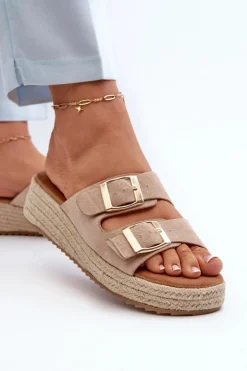 Damskie Boto Klapki Damskie Z Plecionką Eko Zamszowe Beżowe Zaloemi