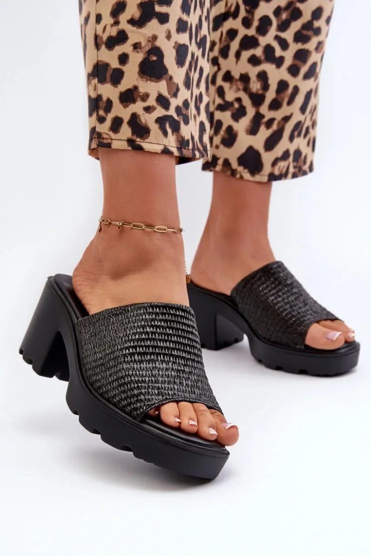 Damskie Evento Klapki Damskie z Plecionką Na Obcasie Czarne Titantha