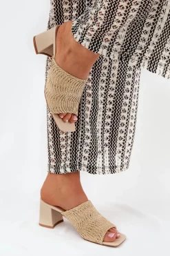 Discount Boto Klapki Damskie Z Plecionką Na Obcasie Beżowe Ciariloria Beżowy