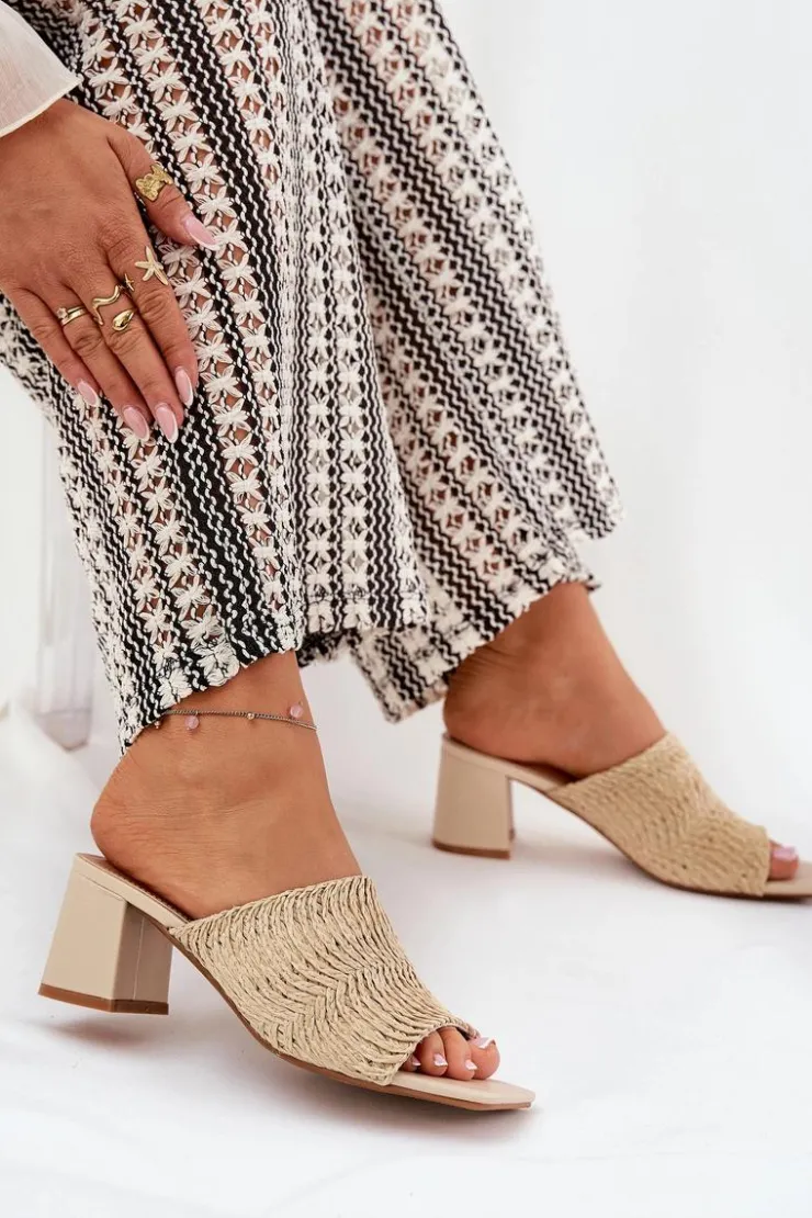 Discount Boto Klapki Damskie Z Plecionką Na Obcasie Beżowe Ciariloria Beżowy