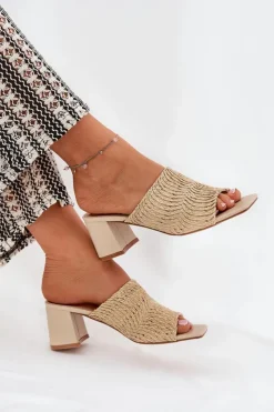 Discount Boto Klapki Damskie Z Plecionką Na Obcasie Beżowe Ciariloria Beżowy