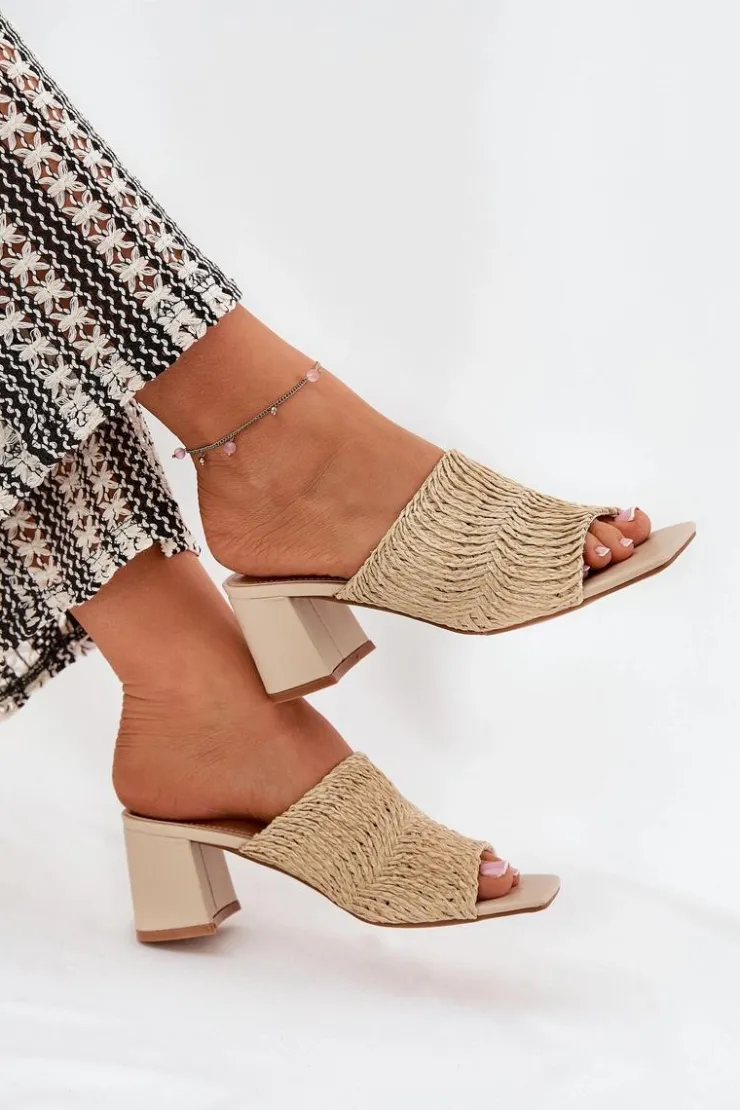 Discount Boto Klapki Damskie Z Plecionką Na Obcasie Beżowe Ciariloria Beżowy