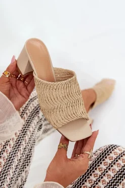 Discount Boto Klapki Damskie Z Plecionką Na Obcasie Beżowe Ciariloria Beżowy