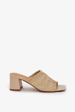 Discount Boto Klapki Damskie Z Plecionką Na Obcasie Beżowe Ciariloria Beżowy