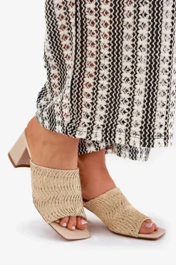 Discount Boto Klapki Damskie Z Plecionką Na Obcasie Beżowe Ciariloria Beżowy