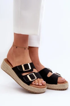 Boto Klapki Damskie Klasyczne*Klapki Damskie Z Plecionką Eko Zamszowe Czarne Zaloemi Czarny