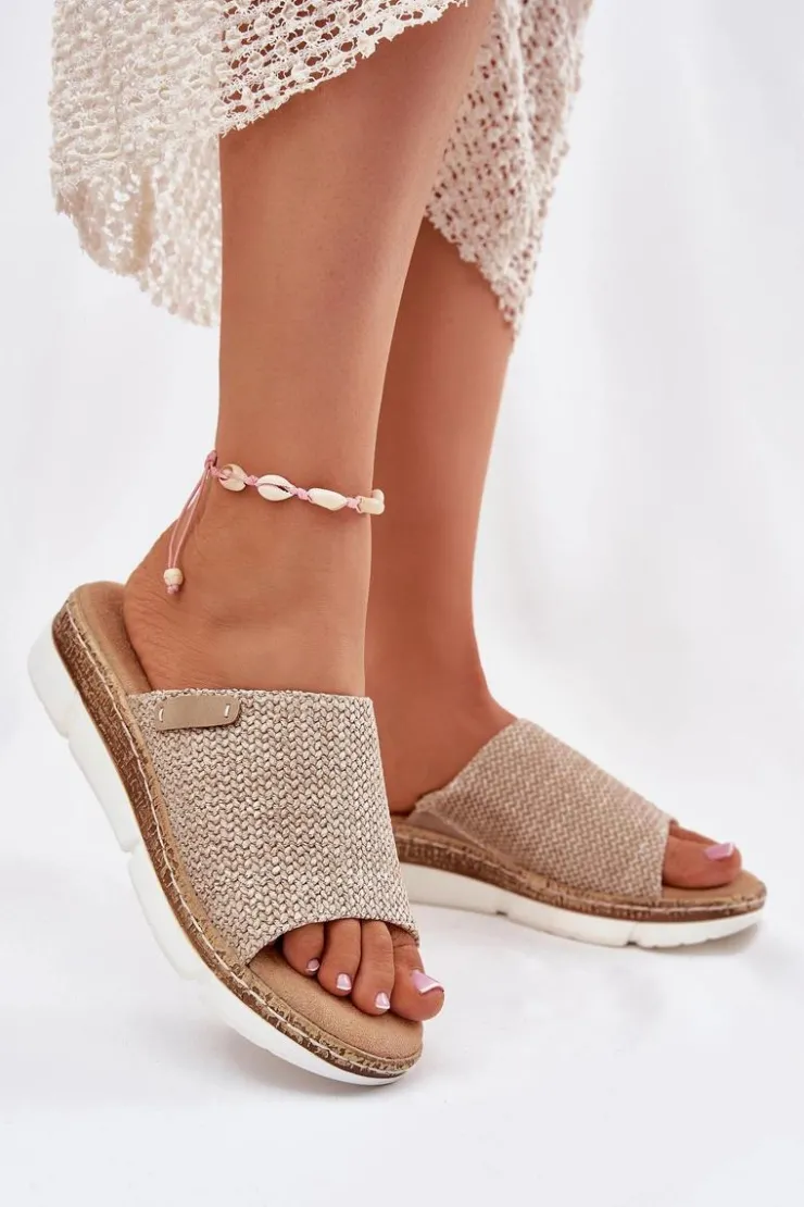 New Boto Klapki Damskie Z Plecionką Na Koturnie Beżowe Norozi